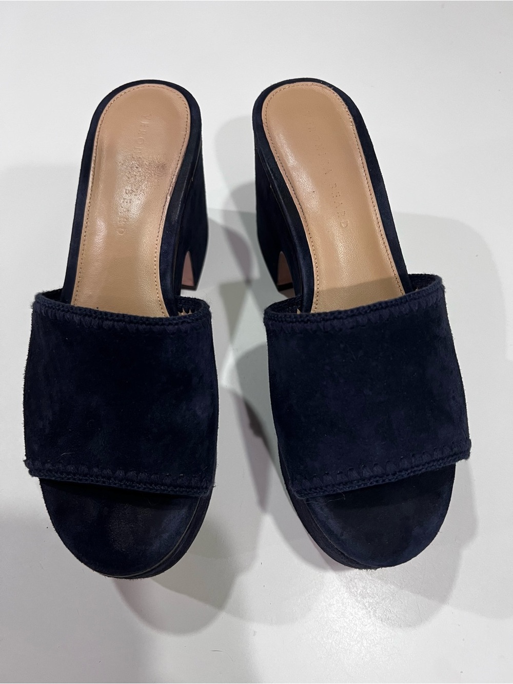 Veronica Beard Navy Suede Open-Toe Block Heel Mule